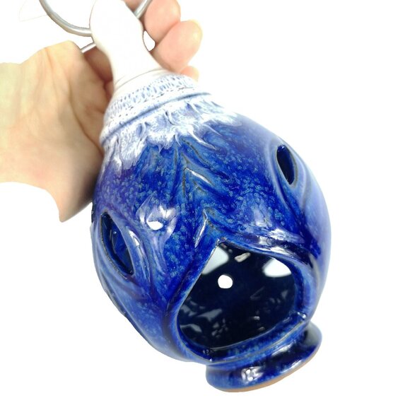 Pottery Lantern Blue And White Small Hanging Candle Holder Hand Made Signed - Picture 1 of 13